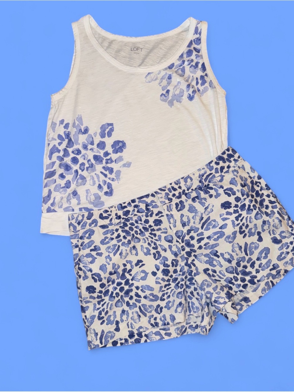LOFT White Tank Top & Blue Floral Print Linen Shorts Set